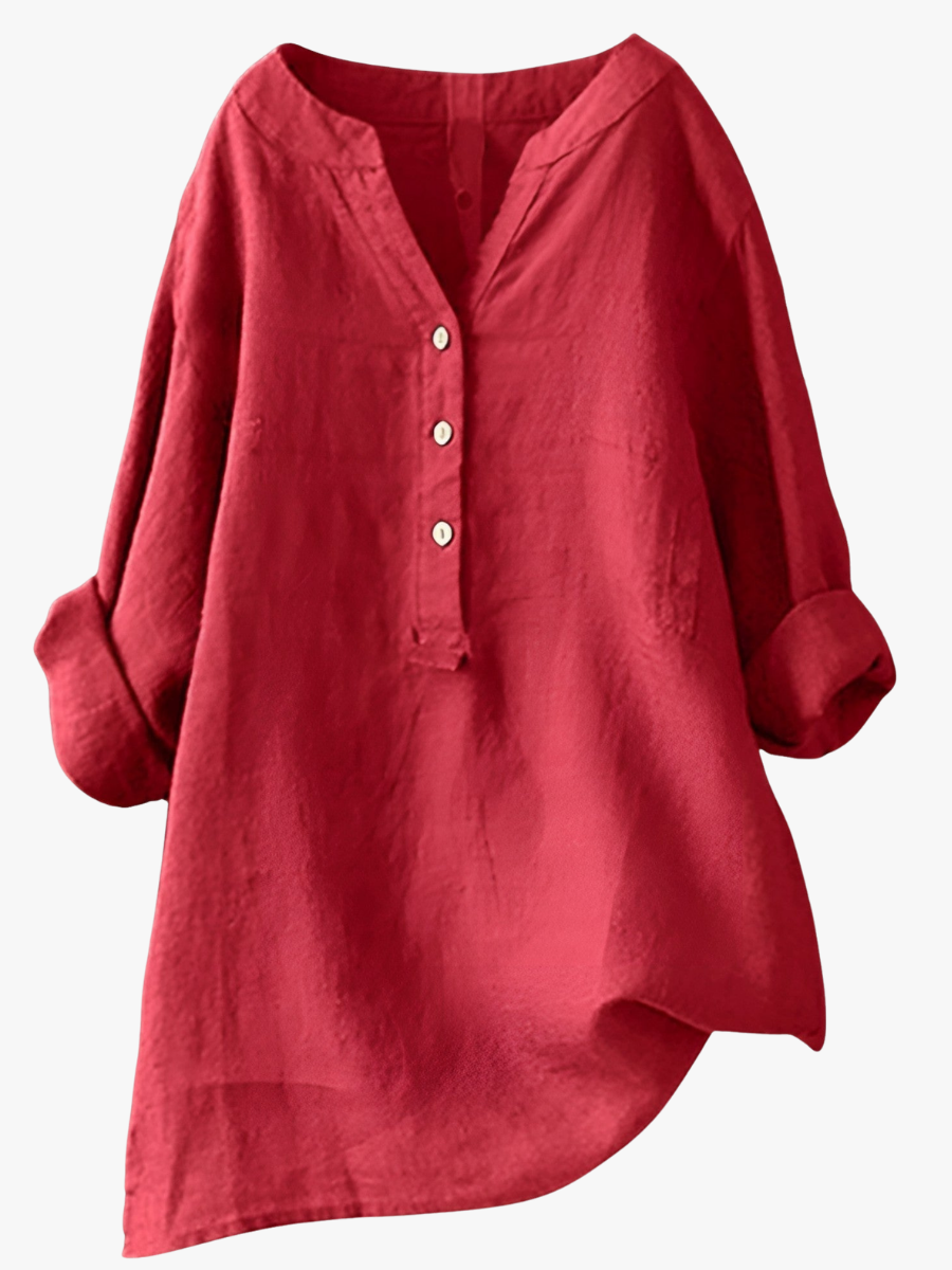 Women's blouse with a longline silhouette, a button neckline and a notched neckline