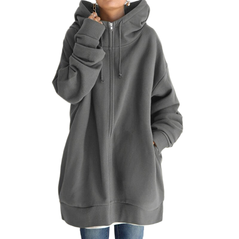 Women's hoodie with a longline silhouette, a zipped neckline and a drawstring hood