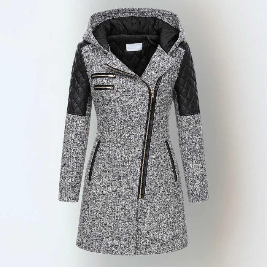 Women's coat with a hood, an asymmetric zip and contrasting panels