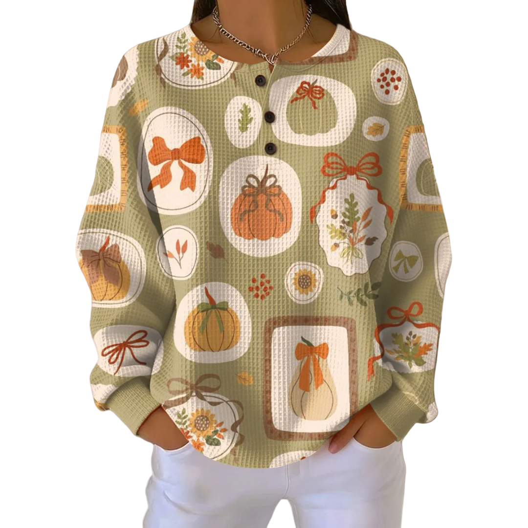 Harvest-Print Button-Neck Waffle Jumper, front view.