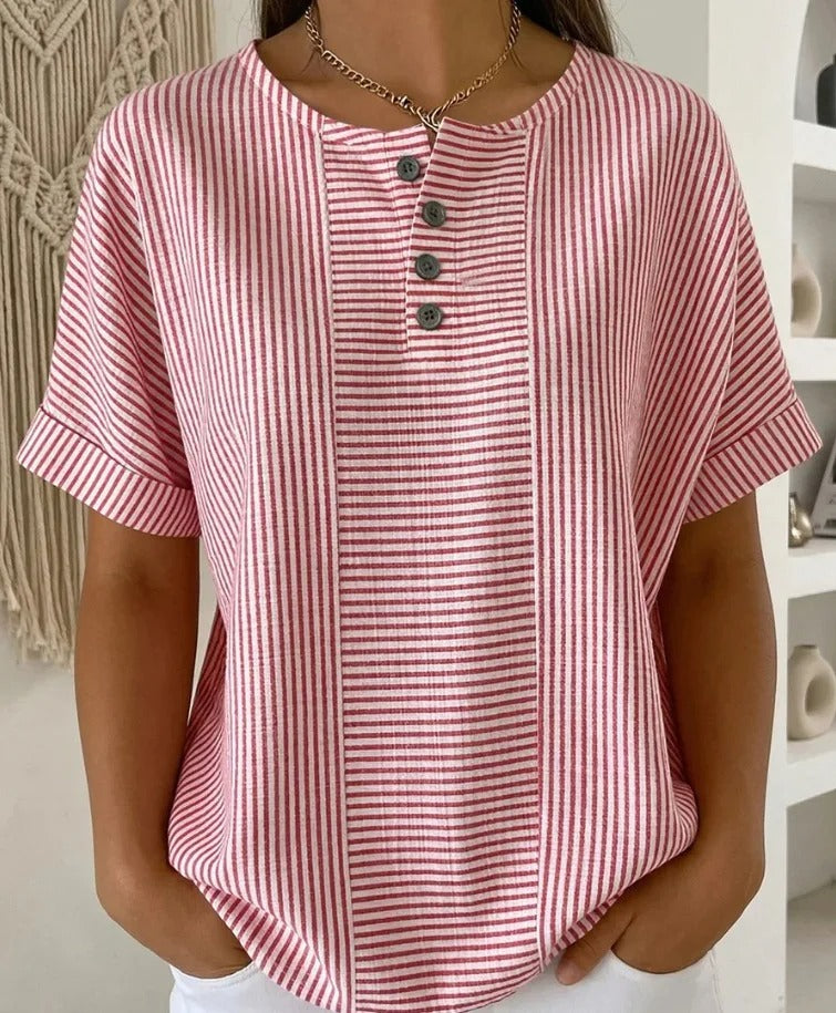Elwanda | Striped Button-Neck T-Shirt