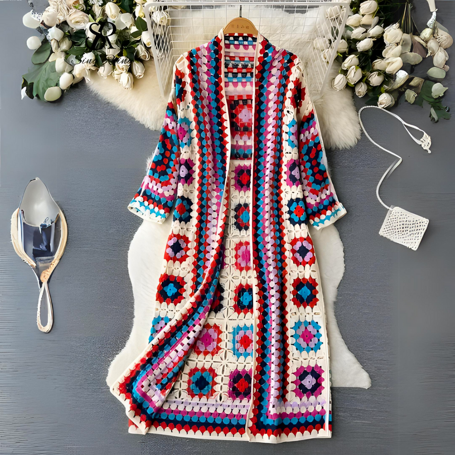 Women's long cardigan with crochet-style square motifs, an open front and a longline silhouette