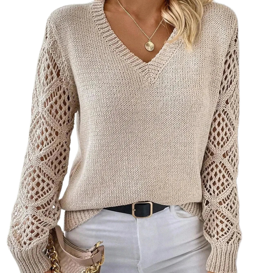 Women's jumper with open-knit sleeves, a V-shaped neckline and long sleeves