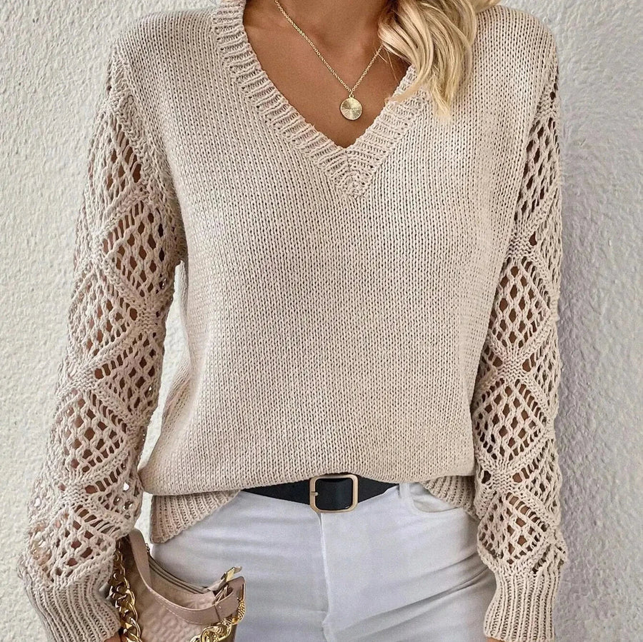 Women's jumper with open-knit sleeves, a V-shaped neckline and long sleeves