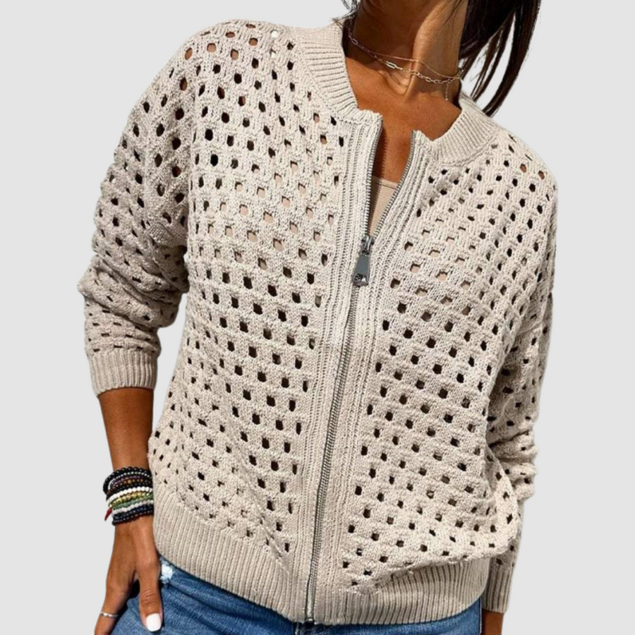 Women's cardigan with an open-knit construction, a front zip and a round neckline