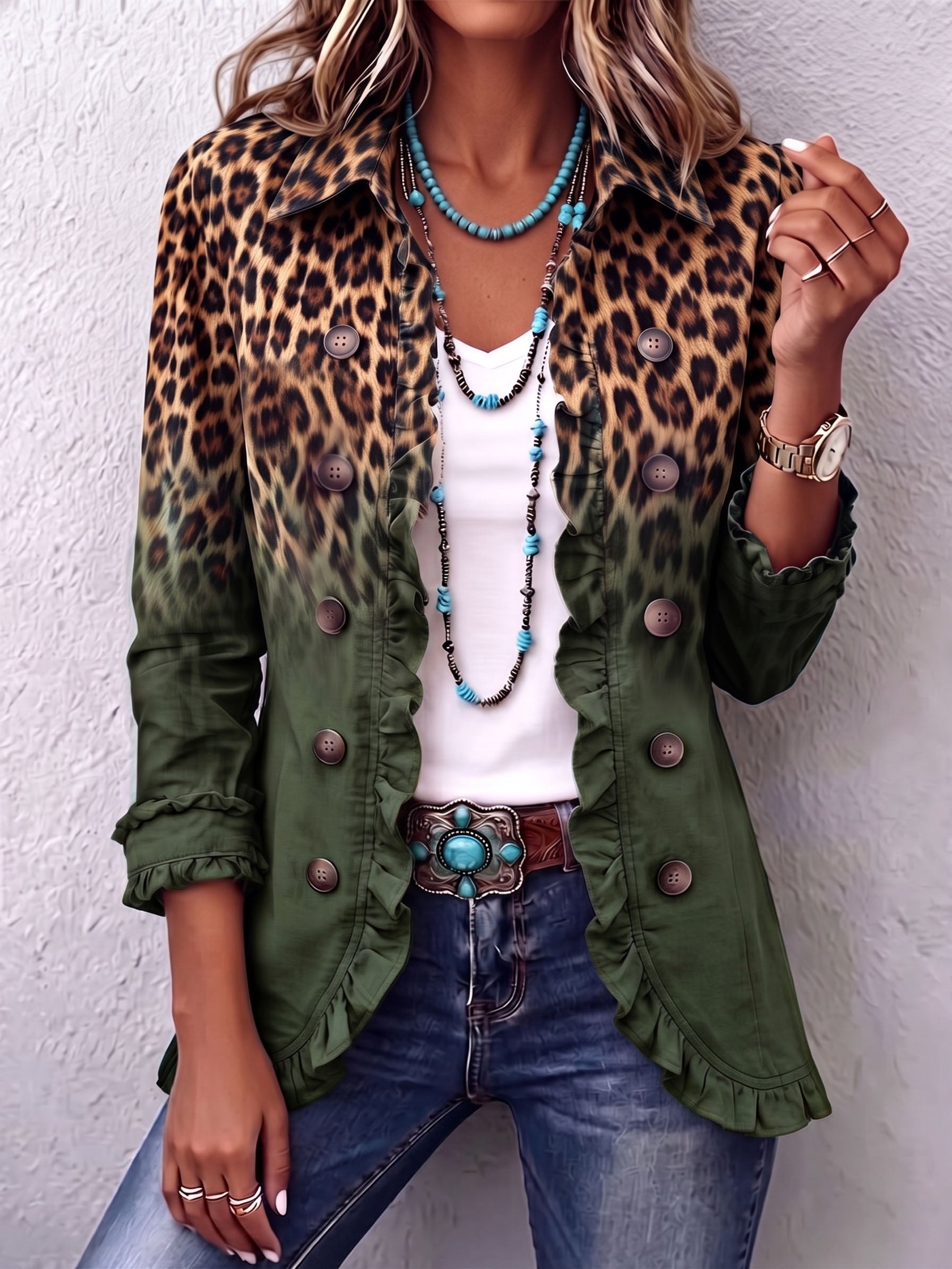 Klara | Blazer Jacket With Leopard Ombré & Ruffles