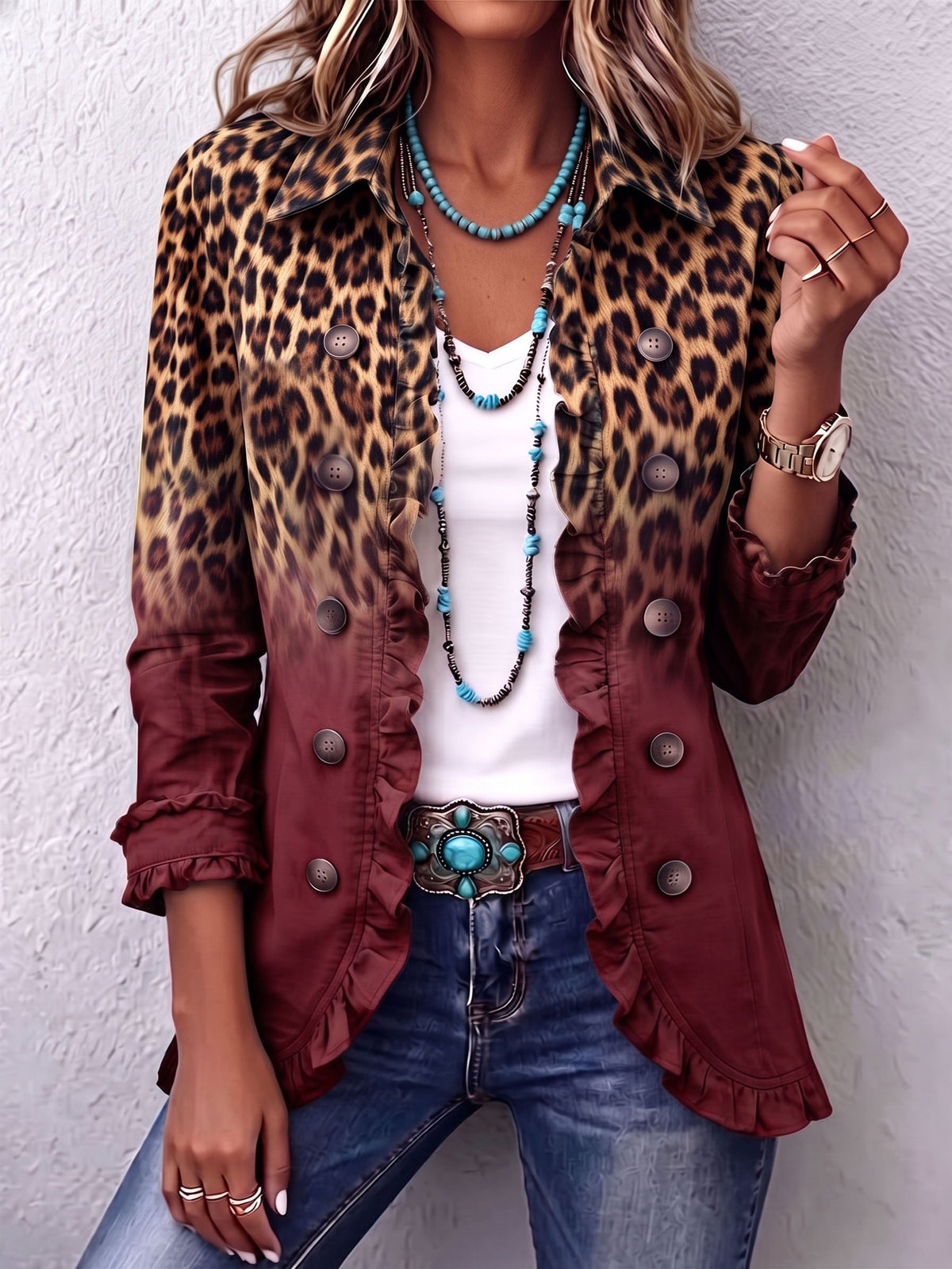 Klara | Blazer Jacket With Leopard Ombré & Ruffles