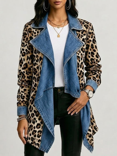Adele | Mid-Length Leopard-Print Jacket With Faded Denim Panels