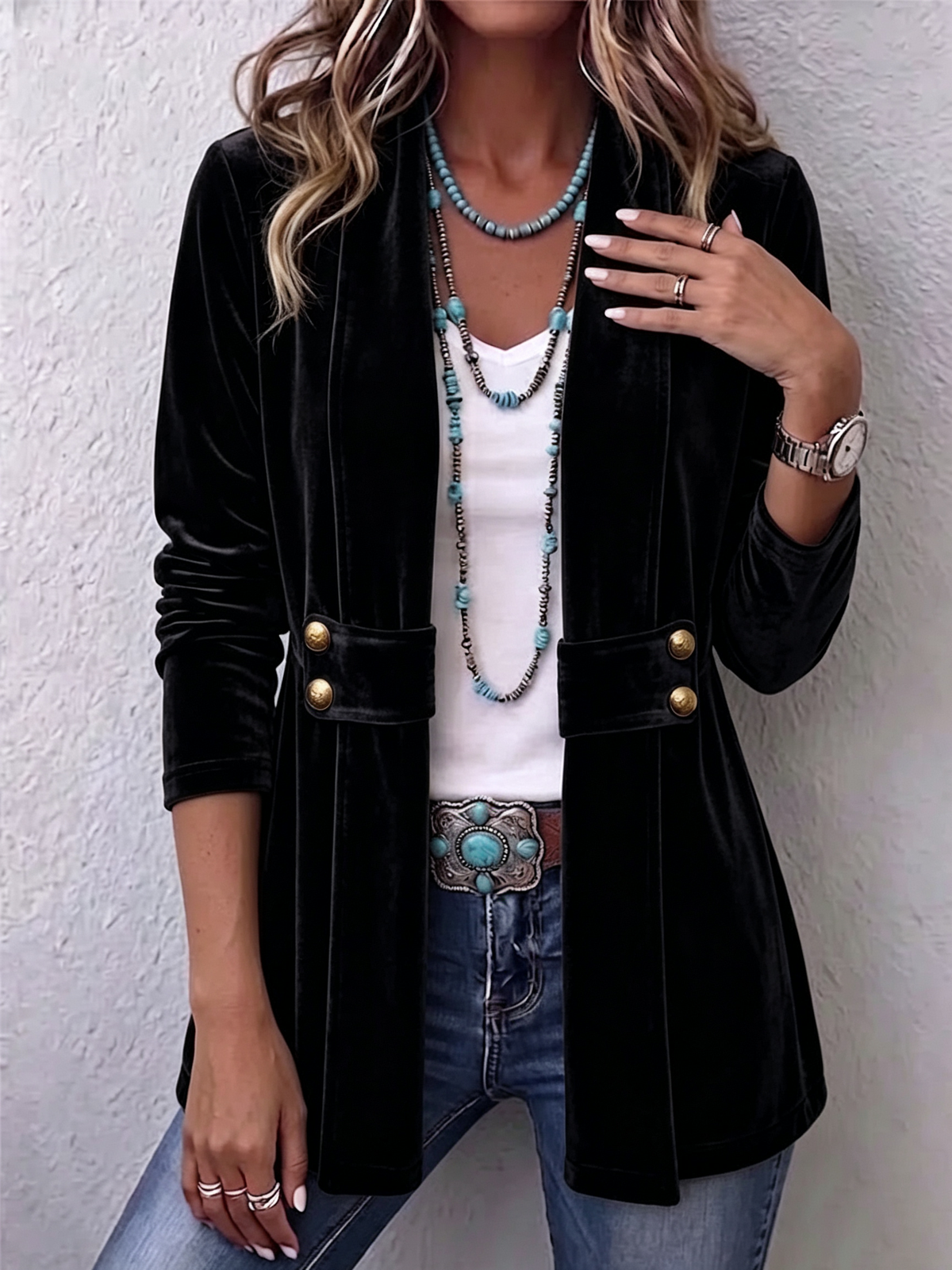 Margarete | Long Vintage Jacket With Lapels & Button Detail
