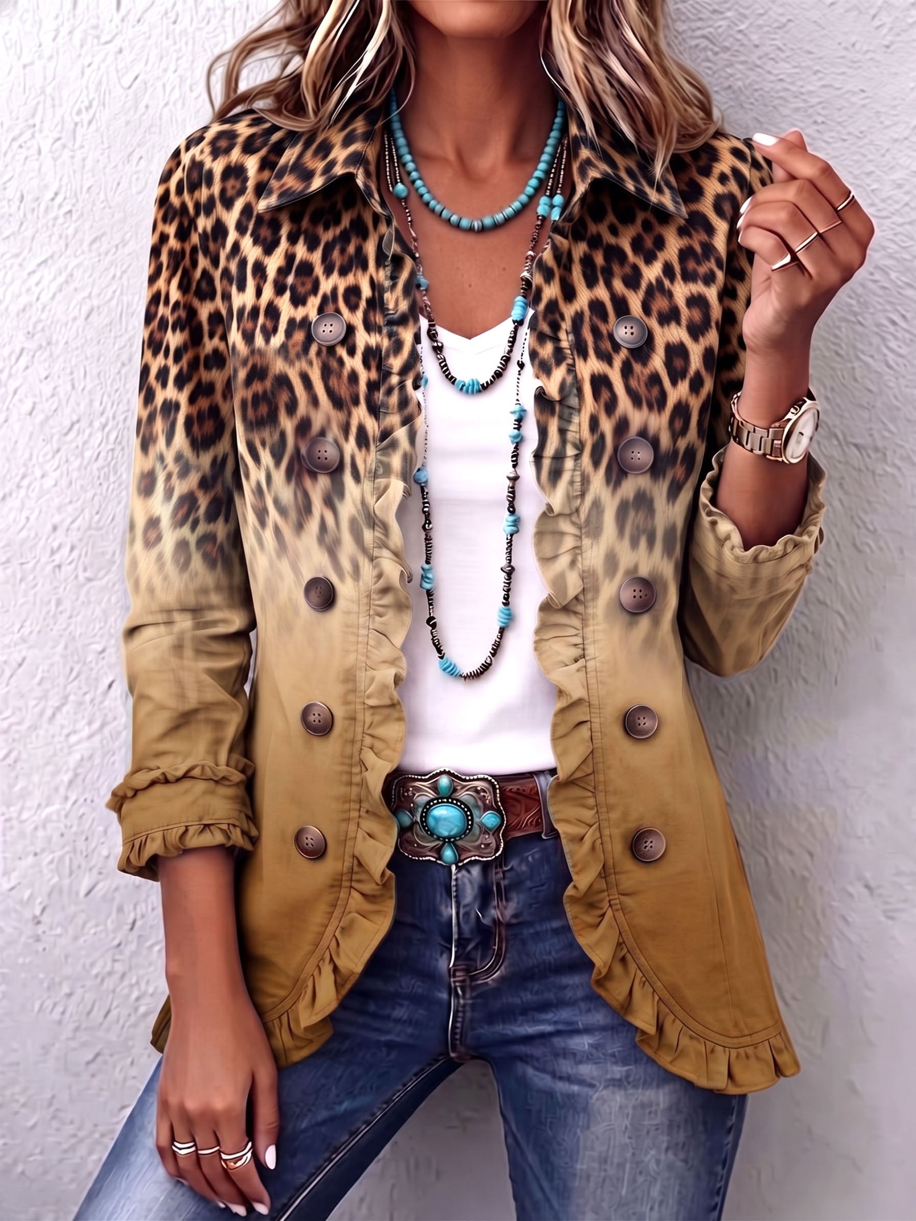 Klara | Blazer Jacket With Leopard Ombré & Ruffles
