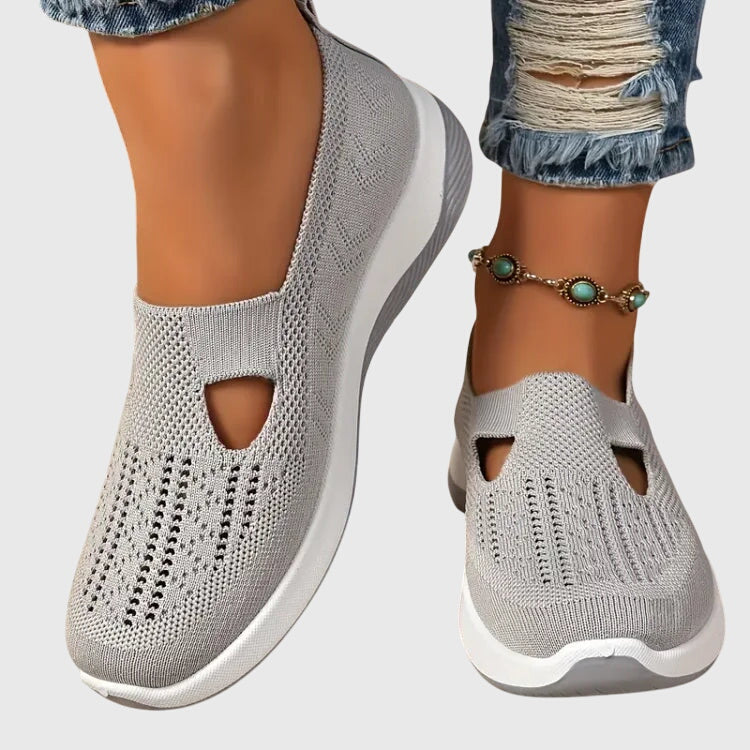Women's Mary Jane shoes with a knitted upper, cut-out detailing and a rounded toe