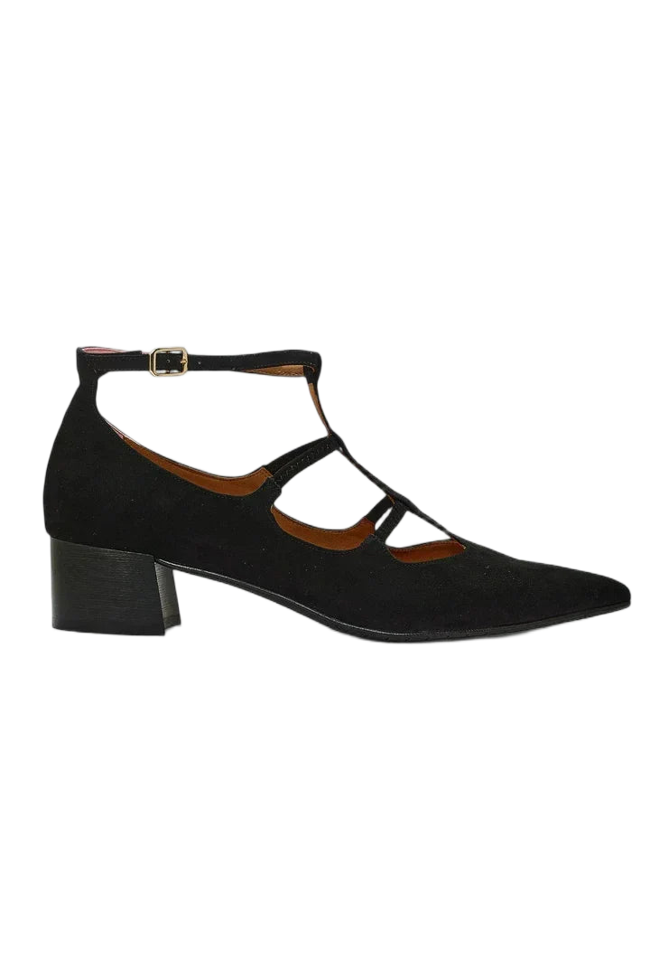 Women's heels with cut-out detailing, a T-shaped strap and a closed toe