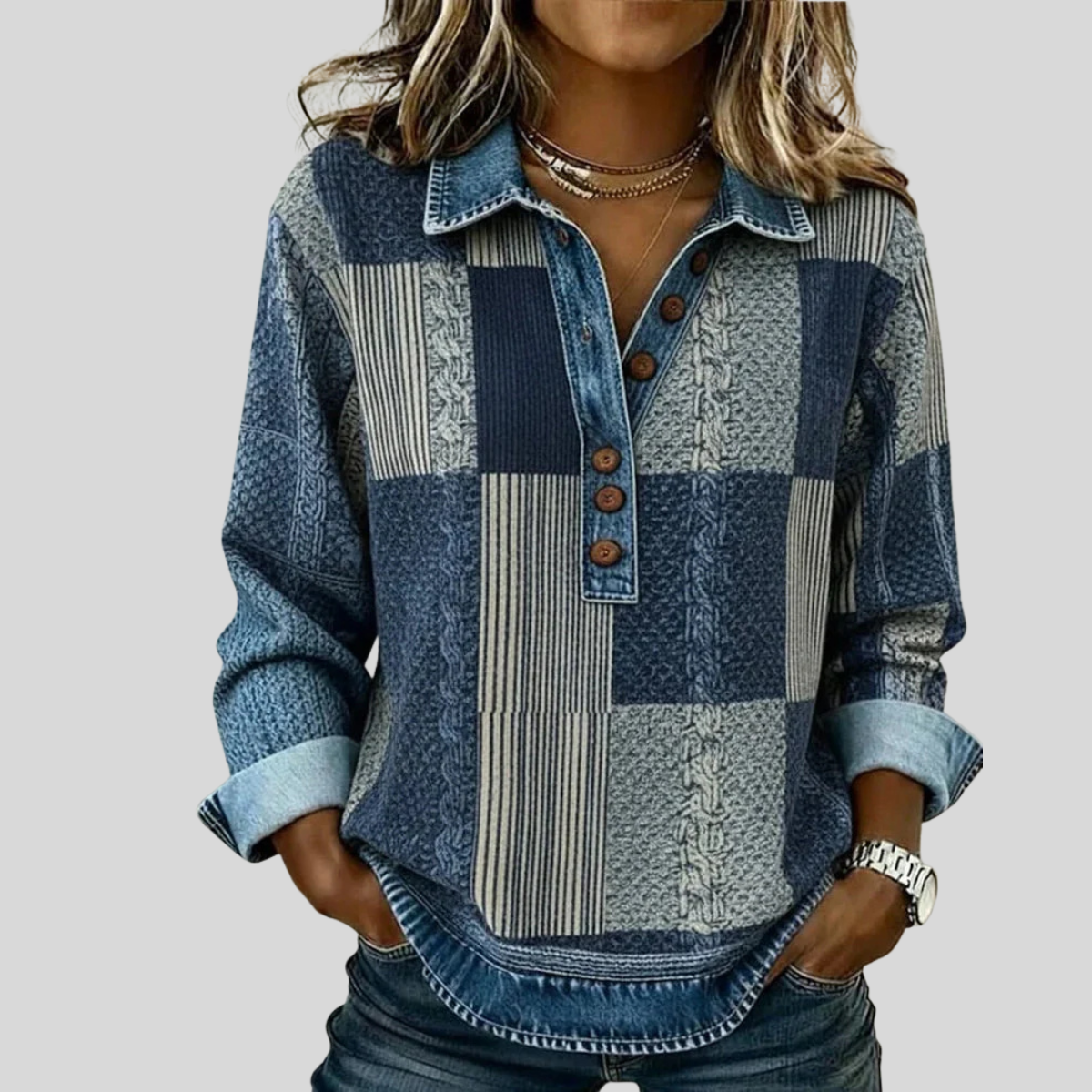 Patchwork Collared Jumper, front view.