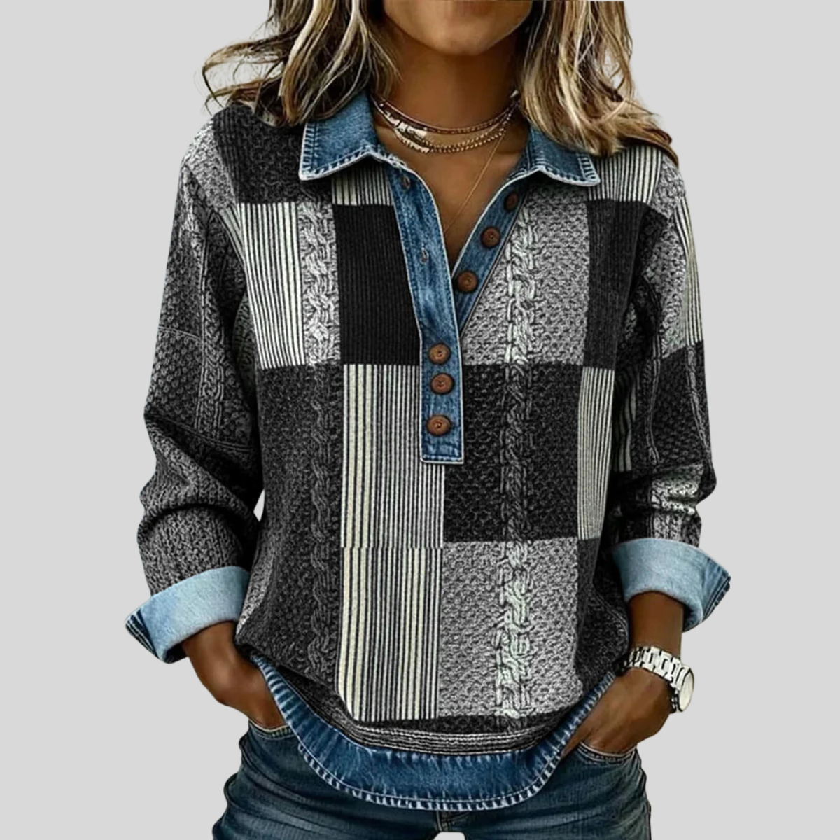 Patchwork Collared Jumper, front view.