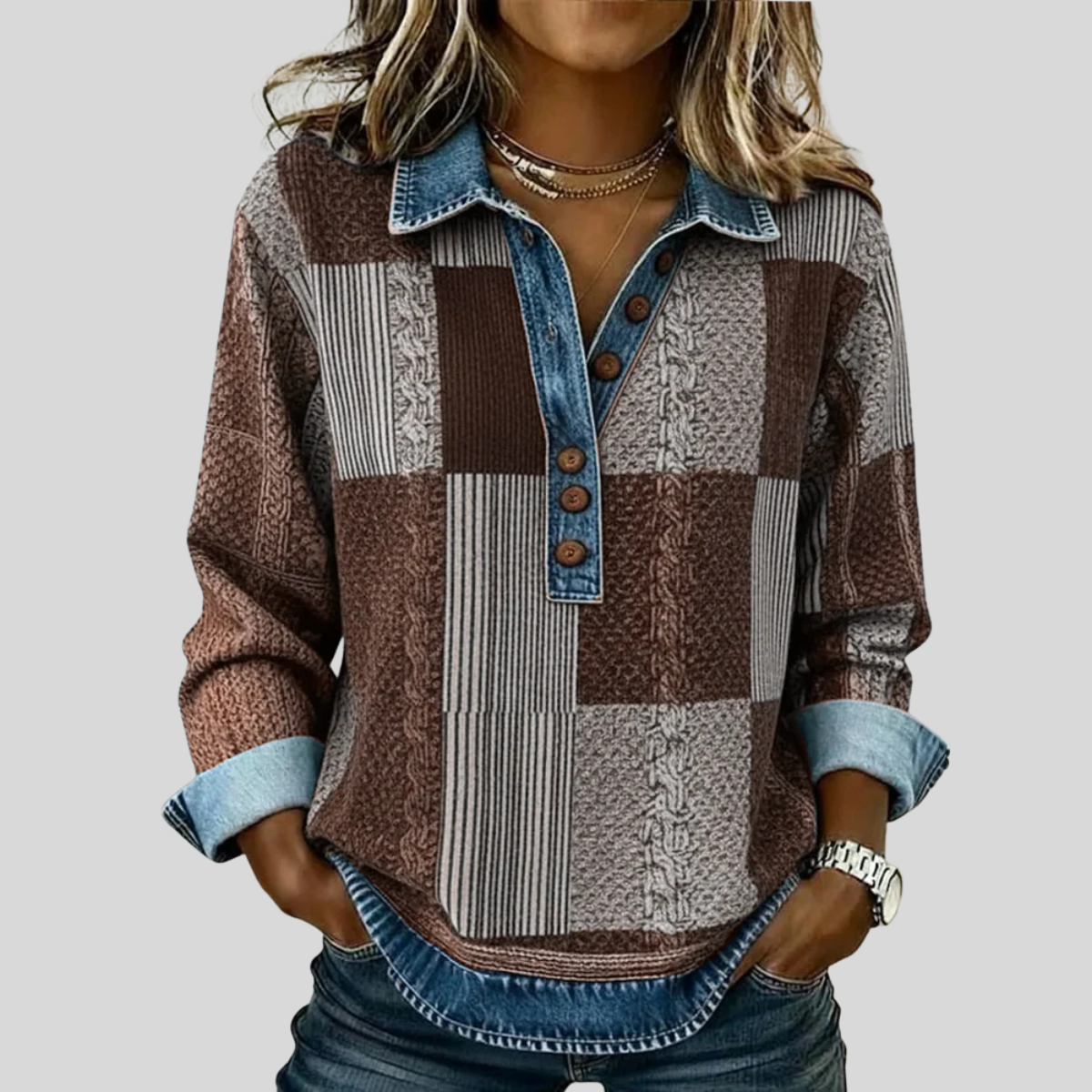 Patchwork Collared Jumper, front view.
