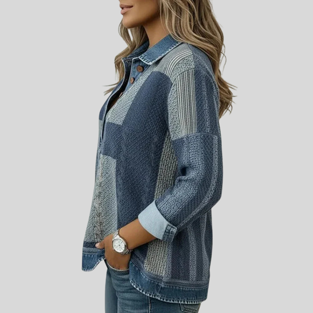 Patchwork Collared Jumper, side view.