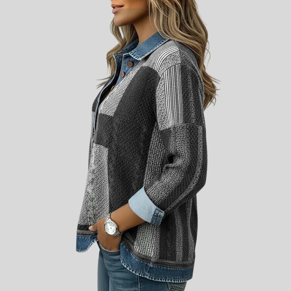 Patchwork Collared Jumper, side view.
