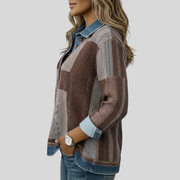 Patchwork Collared Jumper, side view.