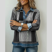 Patchwork Collared Jumper, front view with arms folded.