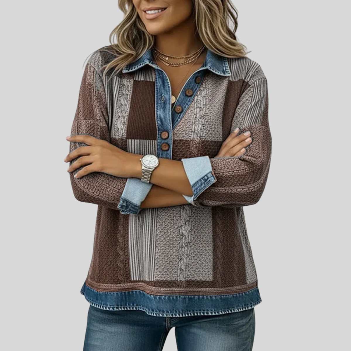 Patchwork Collared Jumper, front view with arms folded.