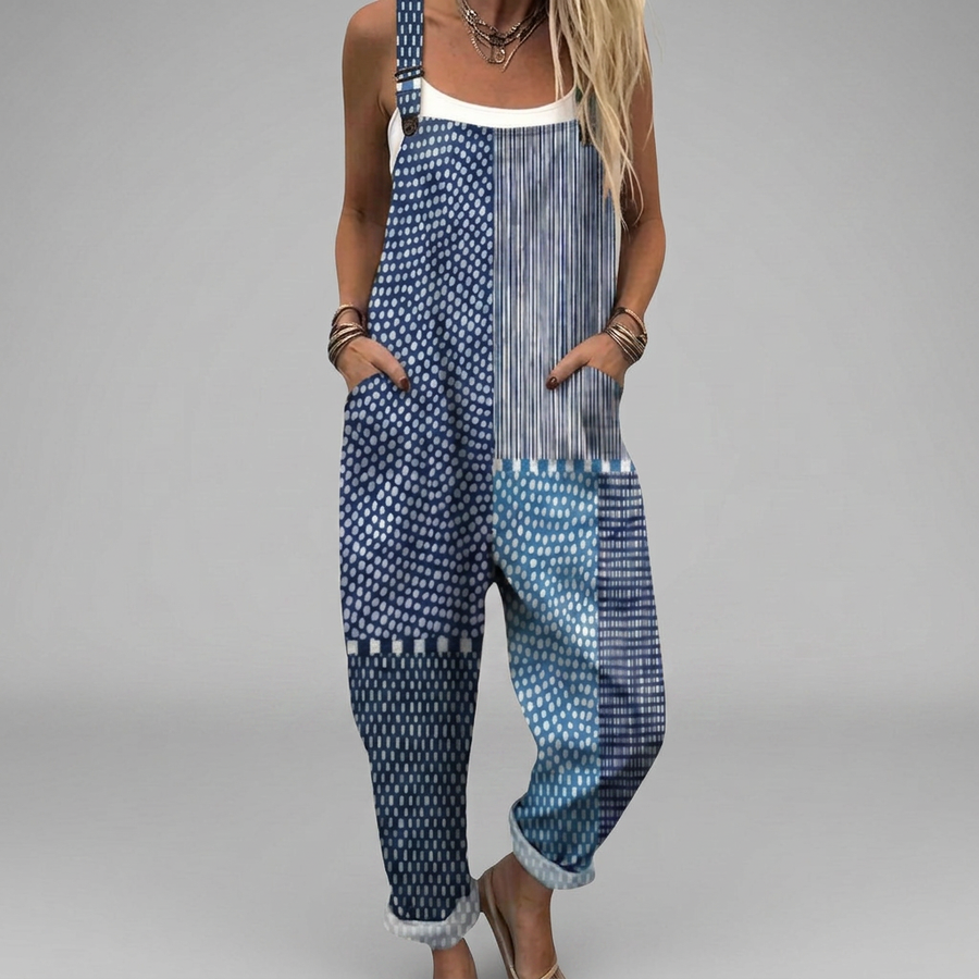 Women's dungarees with a patchwork print, a bib front and shoulder straps