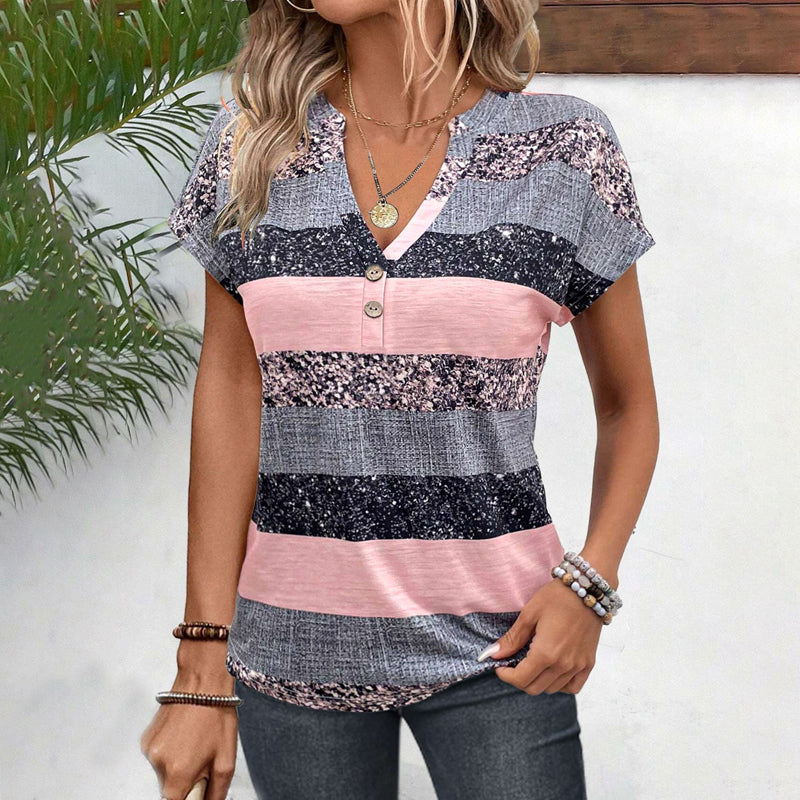 Women's T-shirt with a V-shaped neckline, short sleeves and a button neckline