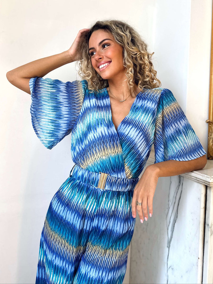 Women's jumpsuit with a wrap-style front, wide sleeves and wide legs