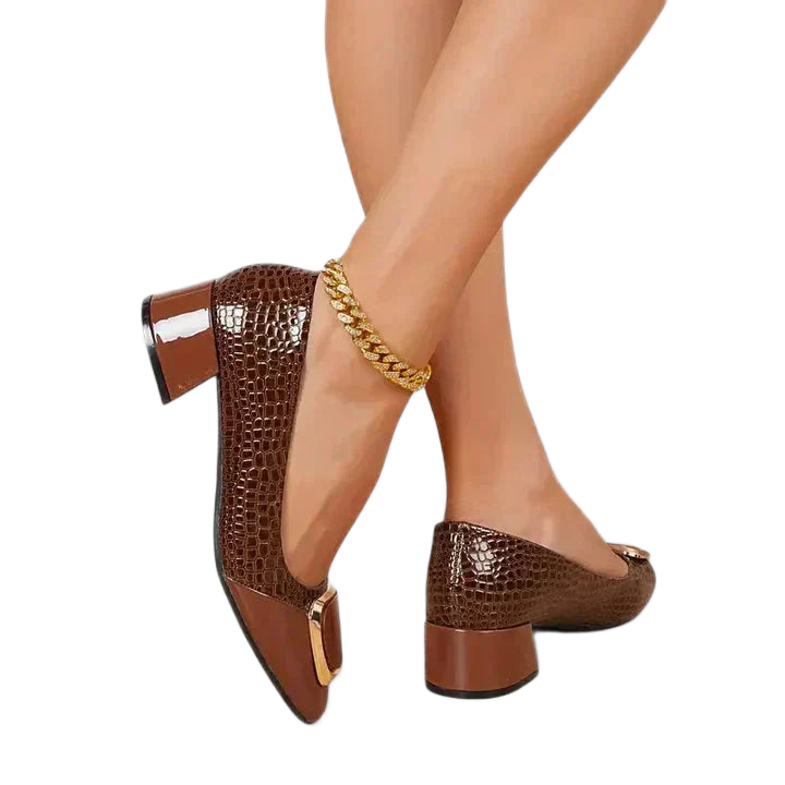 Women's heels with a crocodile-effect texture, a block heel and a peep toe