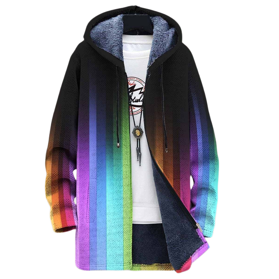 Women's coat with a striped pattern, a graduated pattern and a hood