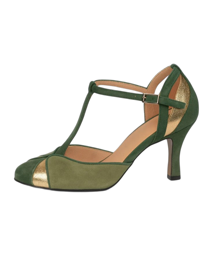 Women's heels with a T-shaped strap, a peep toe and an ankle strap