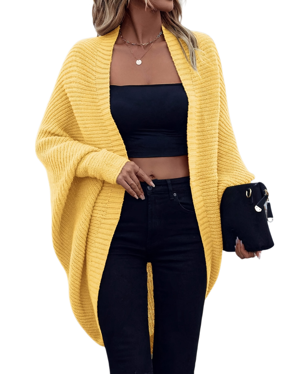 Women's cardigan with a ribbed texture, a draped shawl collar and an open front