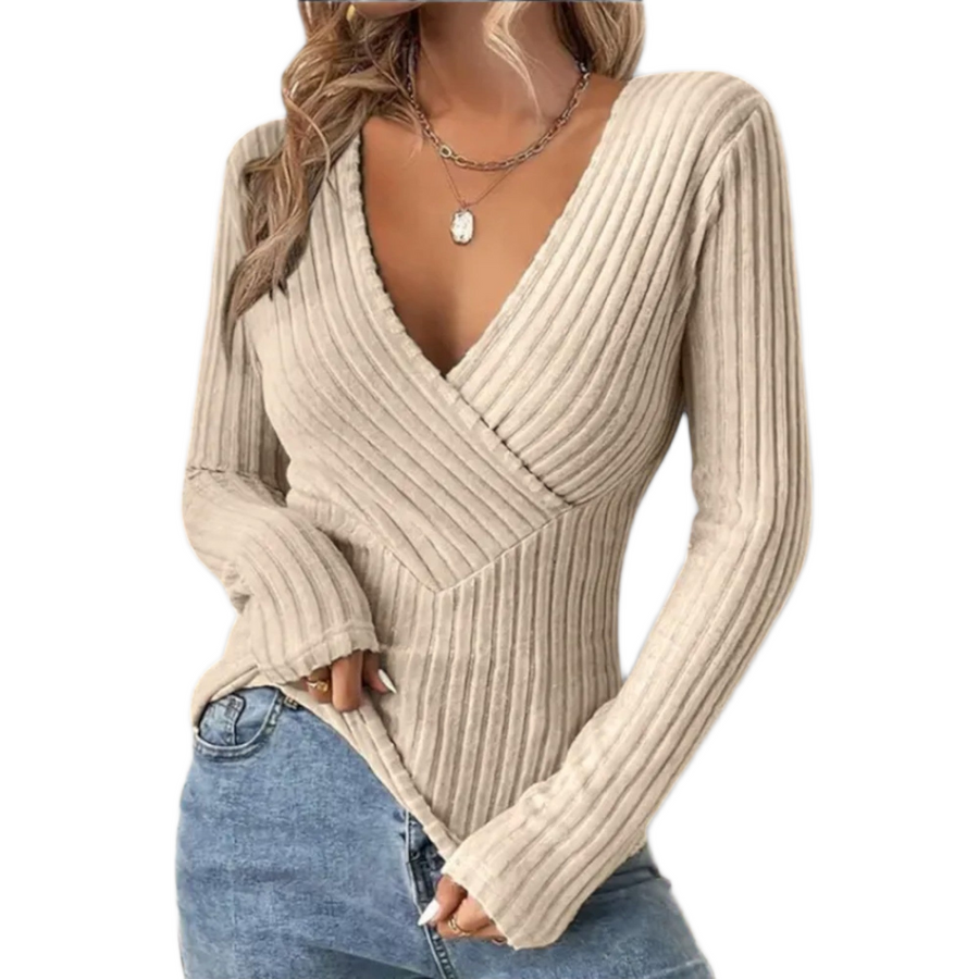 Women's jumper with a ribbed texture, a wrap-style front and a V-shaped neckline