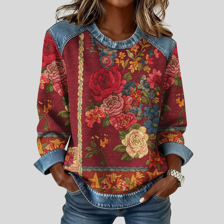 Rose-Print Sweatshirt with Contrast Trim, front view.
