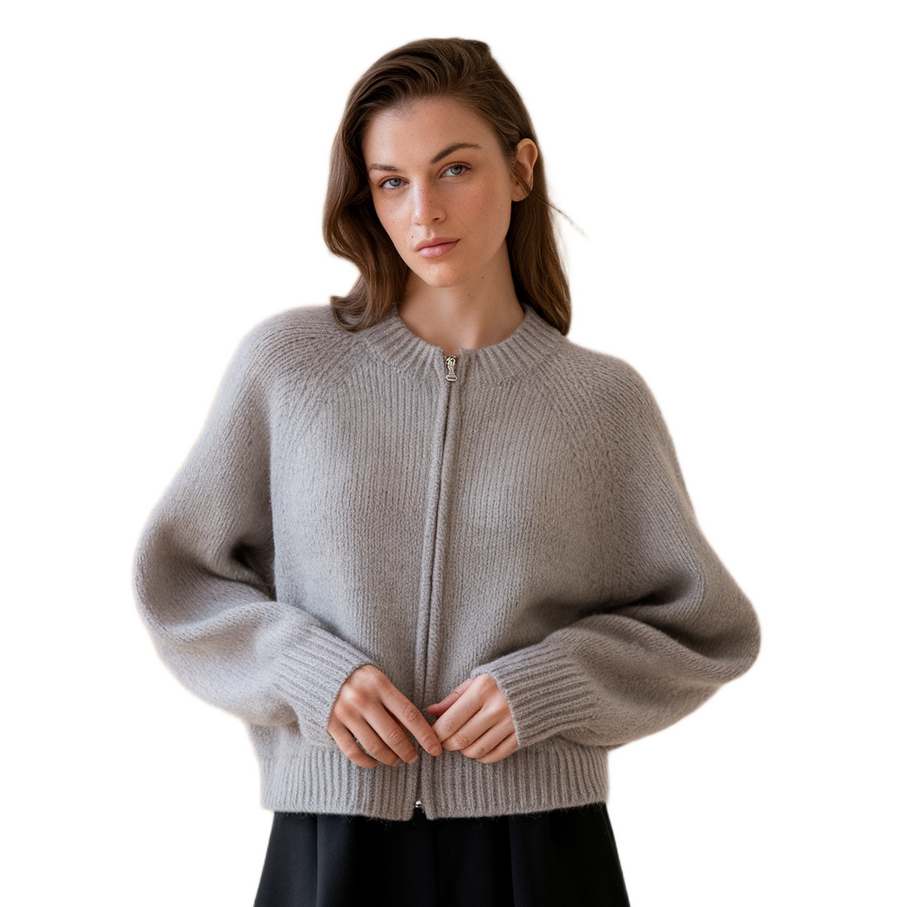 Women's cardigan with a round neckline, a front zip and balloon sleeves