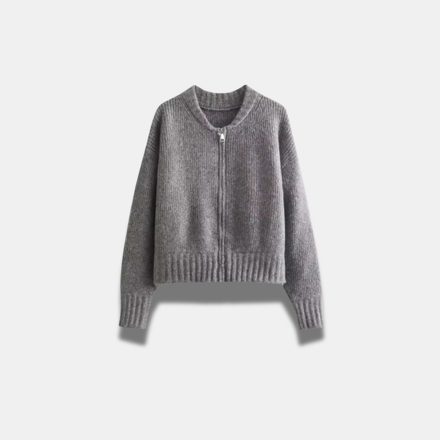 Women's cardigan with a round neckline, a front zip and balloon sleeves
