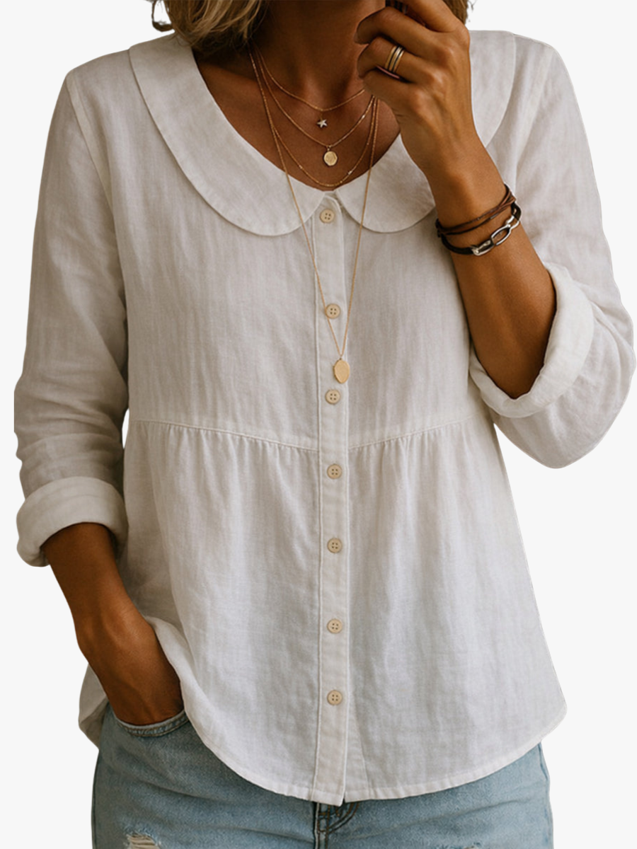 Women's shirt with a rounded collar, a button front and gathered detailing
