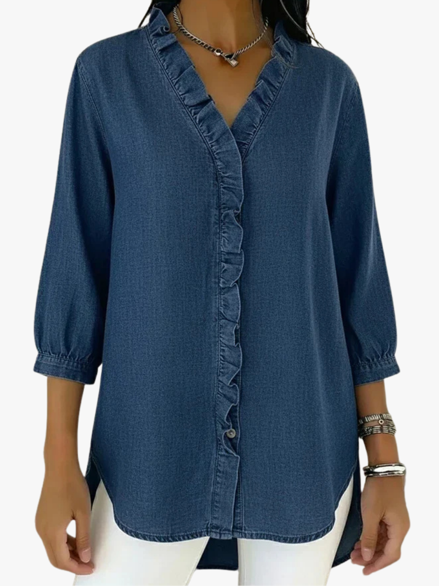 Women's shirt with a ruffled placket, a notched neckline and elasticated sleeve cuffs