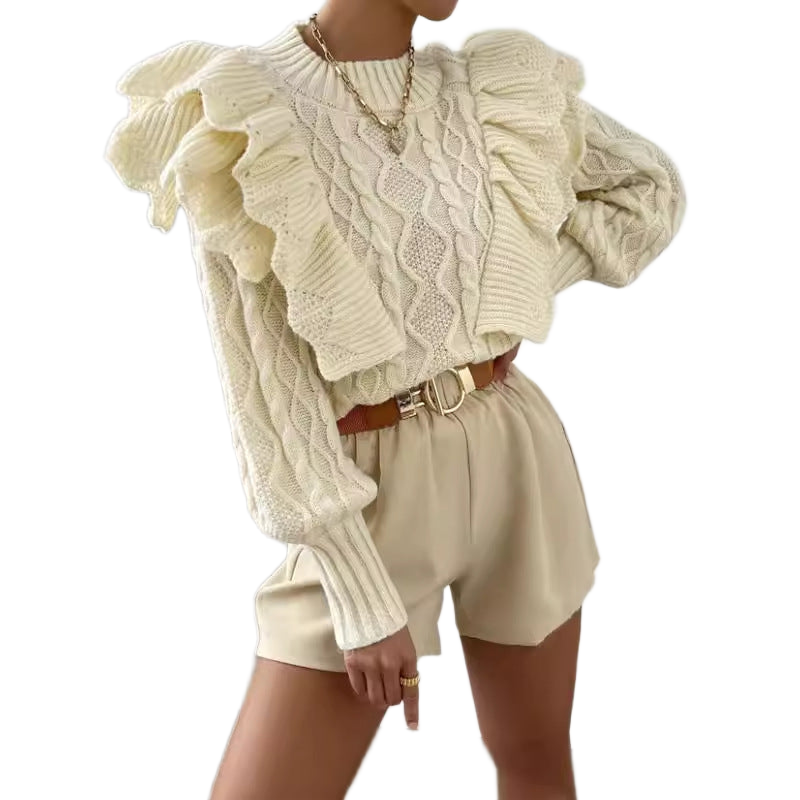 Women's jumper with ruffled detailing, a cable-knit pattern and long sleeves