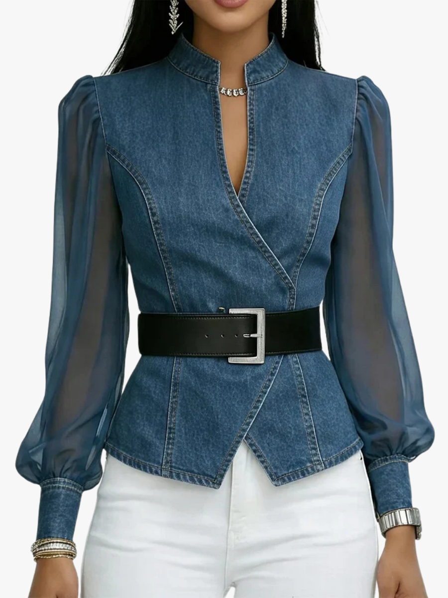 Women's blouse with contrasting panels, sheer sleeves and a waist belt