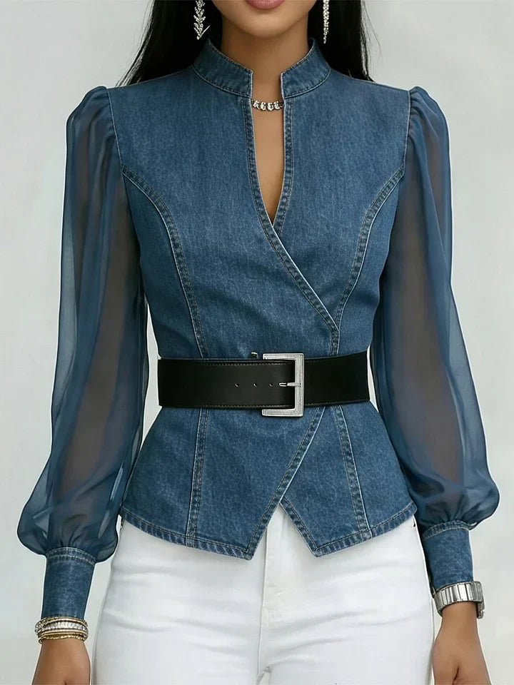 Women's blouse with contrasting panels, sheer sleeves and a waist belt