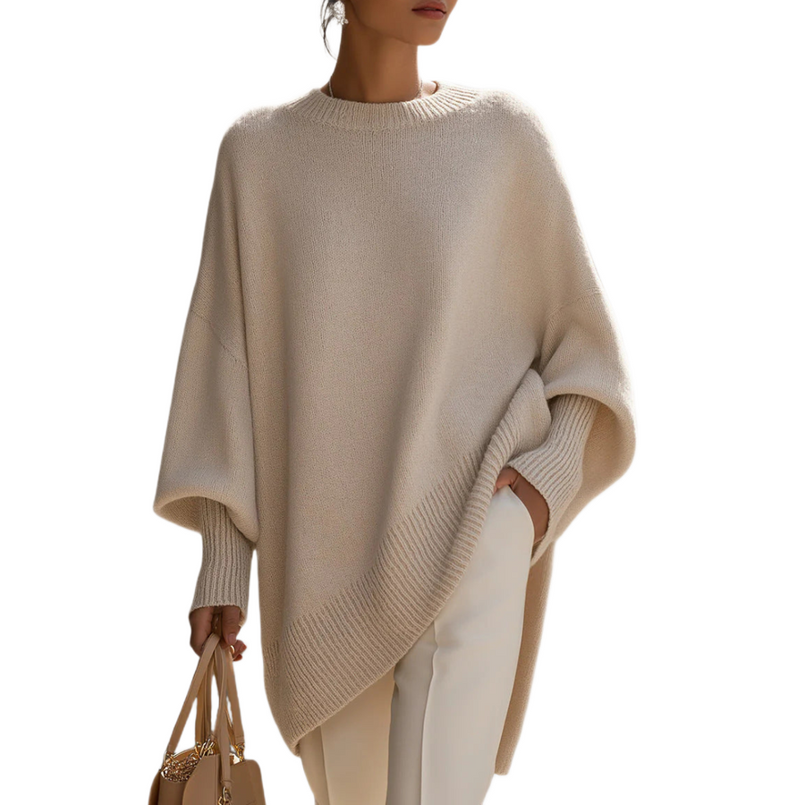Women's jumper with a round neckline, an asymmetric hem and wide sleeves