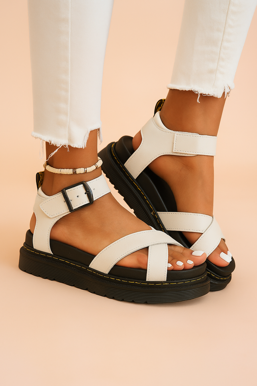 Women's platform sandals with crossing straps, a buckle fastening and an ankle strap