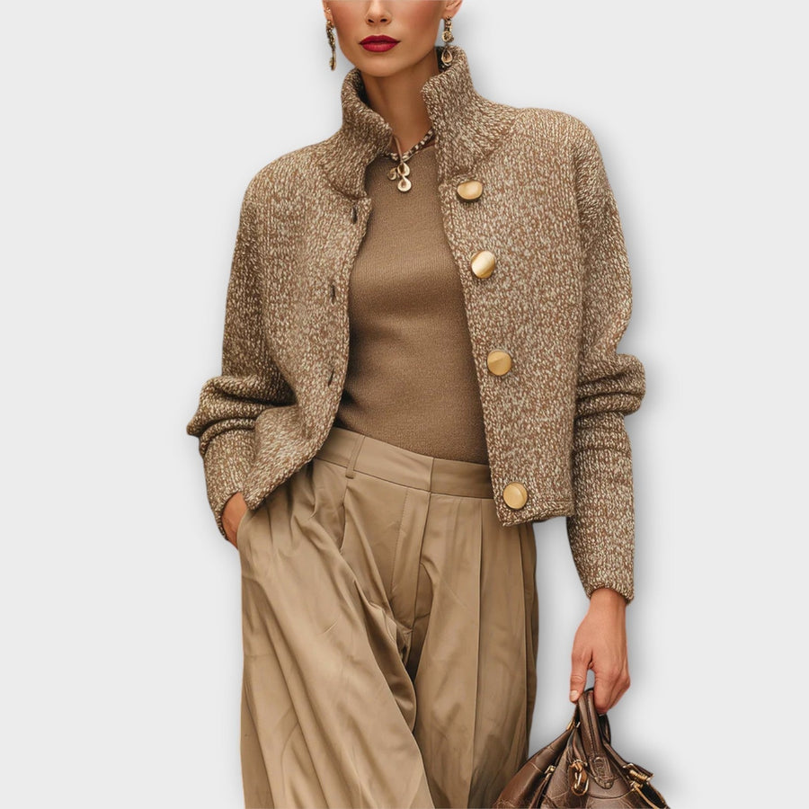Women's cardigan with a stand collar, a button front and a textured surface