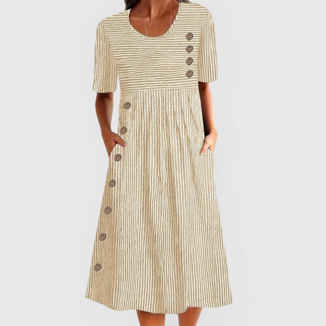 Women's midi dress with decorative buttons, elbow-length sleeves and side pockets
