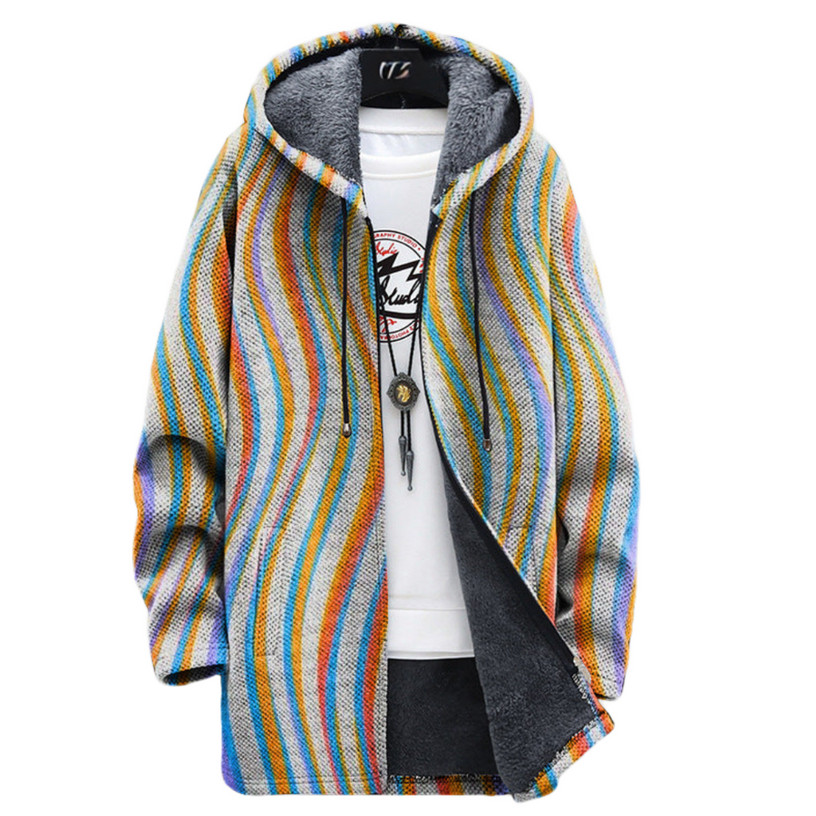 Women's coat with a striped pattern, a hood and a front zip