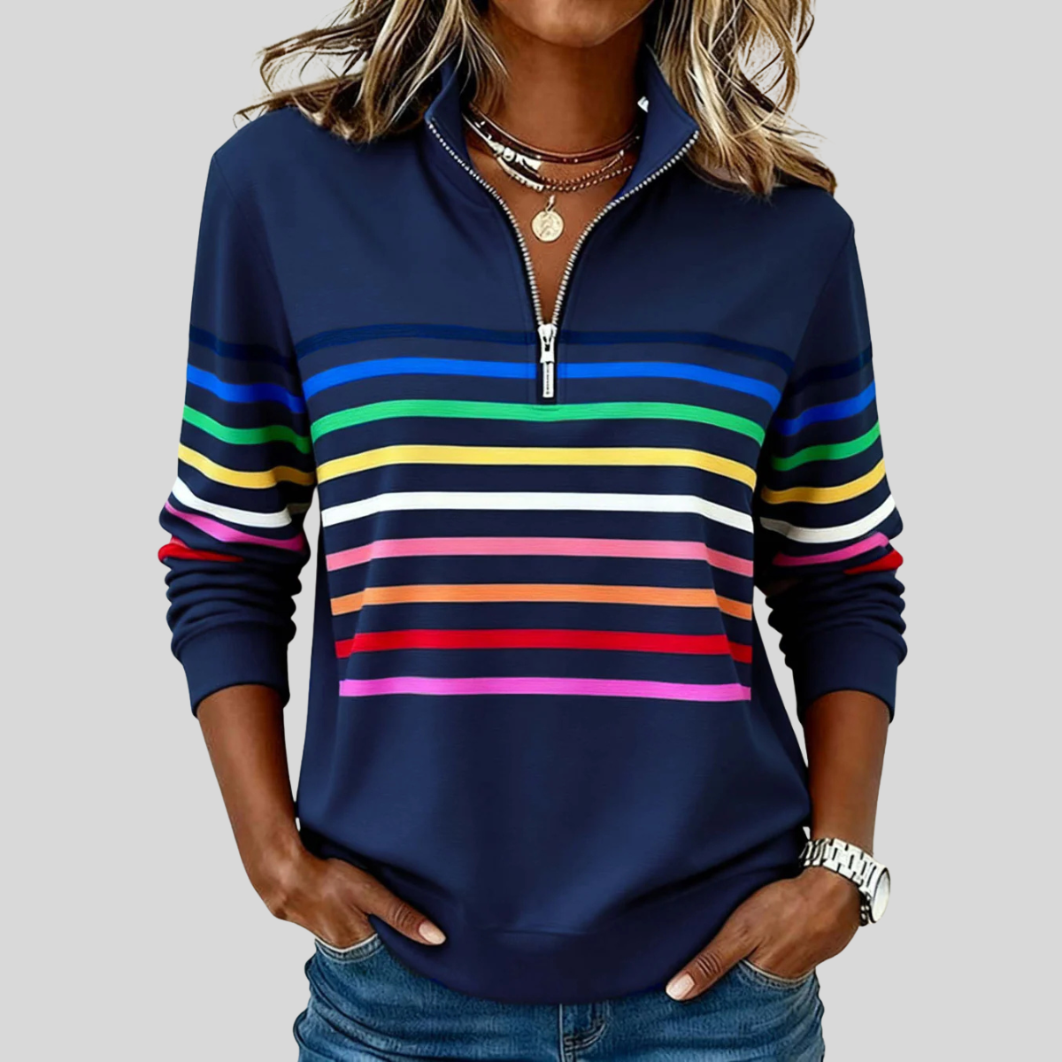 Striped Half-Zip Sweatshirt, front view.