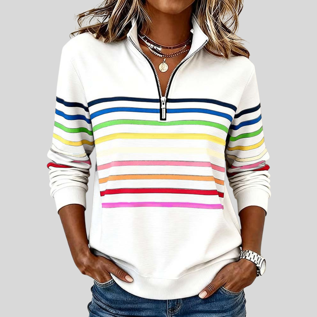 Striped Half-Zip Sweatshirt, front view.