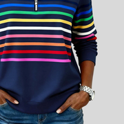 Horizontal stripes across the sweatshirt body and sleeves, with the curved lower hem visible.