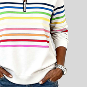 Horizontal stripes across the sweatshirt body and sleeves, with the curved lower hem visible.