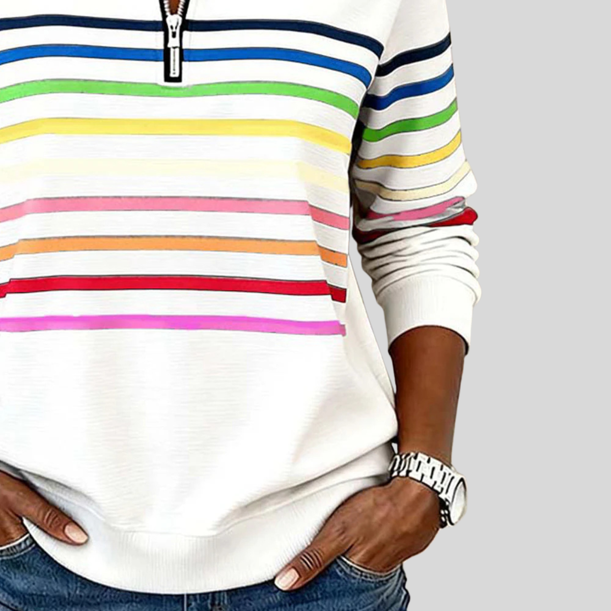 Horizontal stripes across the sweatshirt body and sleeves, with the curved lower hem visible.